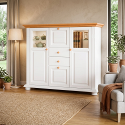 Bufet Mara din lemn masiv cu vitrină dublă și sertare