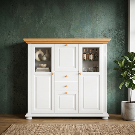 Bufet Mara din lemn masiv cu vitrină dublă și sertare