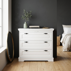 Comodă Cleo din lemn masiv alb cu 3 sertare
