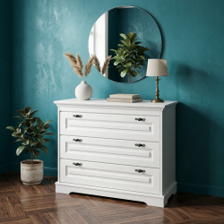 Comodă Cleo din lemn masiv alb cu 3 sertare