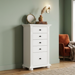 Comodă Vero albă din lemn masiv cu 5 sertare