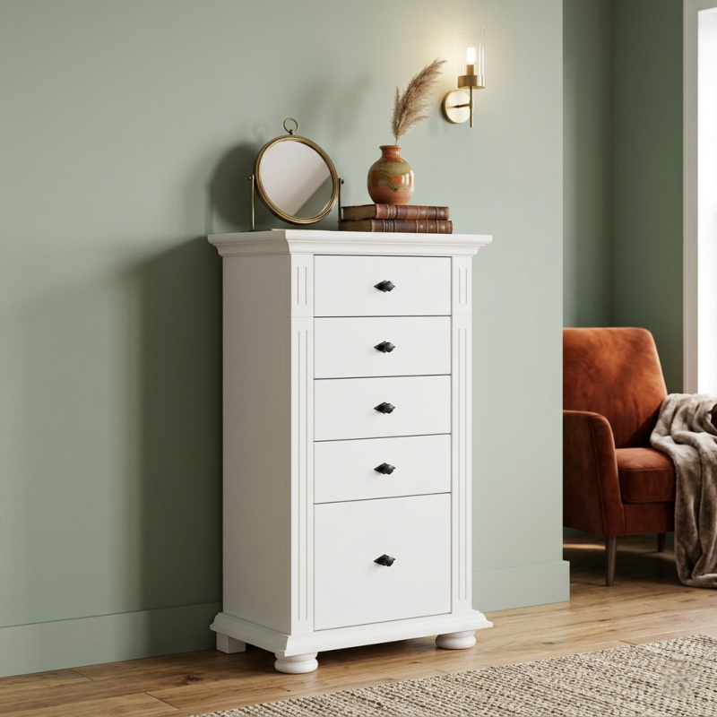 Comodă Vero albă din lemn masiv cu 5 sertare