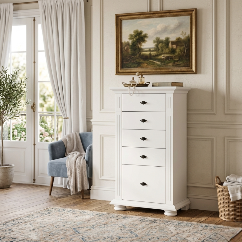 Comodă Vero albă din lemn masiv cu 5 sertare