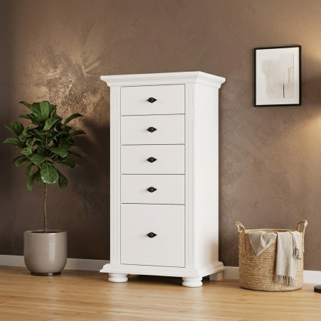 Comodă Vero albă din lemn masiv cu 5 sertare
