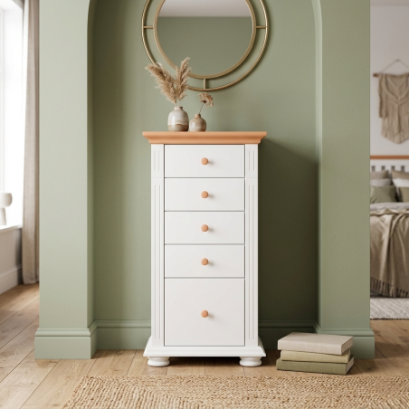 Comodă Vero din lemn masiv alb cu natur cu 5 sertare