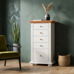 Comodă Vero din lemn masiv alb cu natur cu 5 sertare