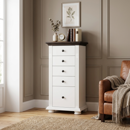 Comodă Vero din lemn masiv alb cu nuc cu 5 sertare
