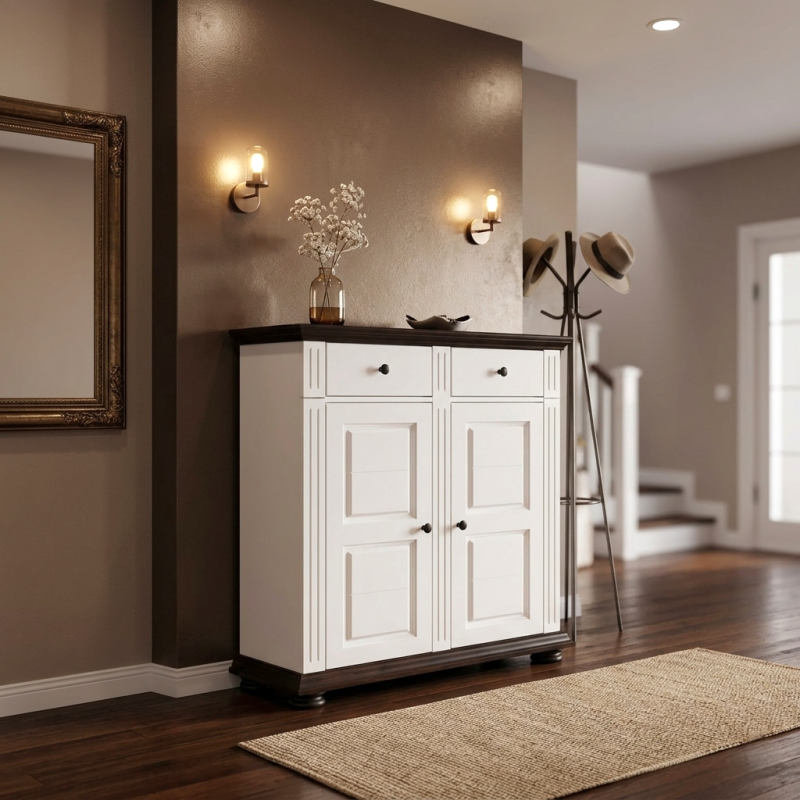 Comodă pantofi Vero din lemn masiv alb cu nuc