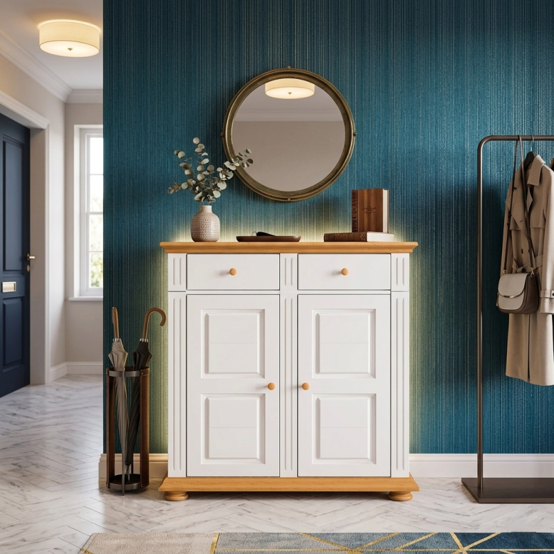 Comodă pantofi Vero din lemn masiv alb cu natur