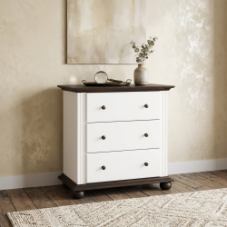 Comodă alb cu nuc din lemn masiv Seva cu 3 sertare