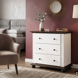 Comodă alb cu nuc lemn masiv Seva 3 sertare – elegantă