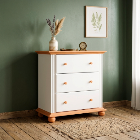 Comodă alb cu natur din lemn masiv Seva cu 3 sertare