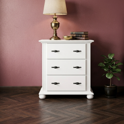 Comodă albă lemn masiv Seva 3 sertare – design elegant