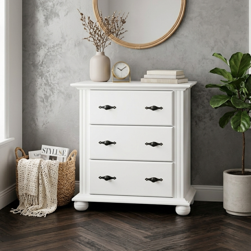 Comodă albă din lemn masiv Seva cu 3 sertare