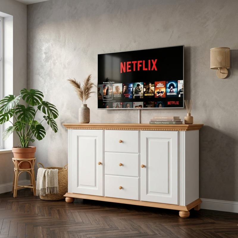 Comodă Bucov din lemn masiv cu 3 sertare și 2 uși