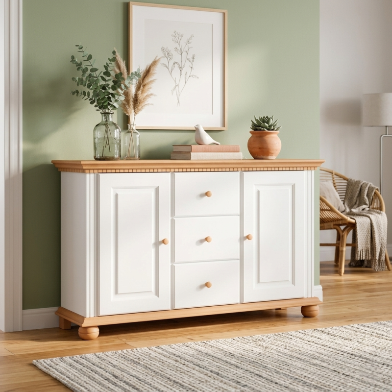 Comodă Bucov din lemn masiv cu 3 sertare și 2 uși