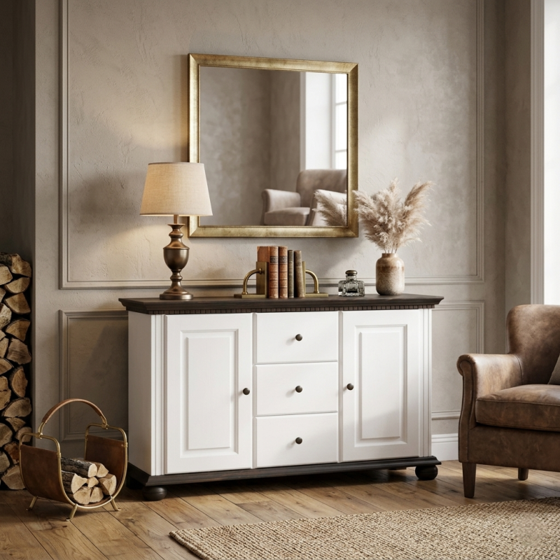 Comodă Bucov din lemn masiv cu 3 sertare și 2 uși