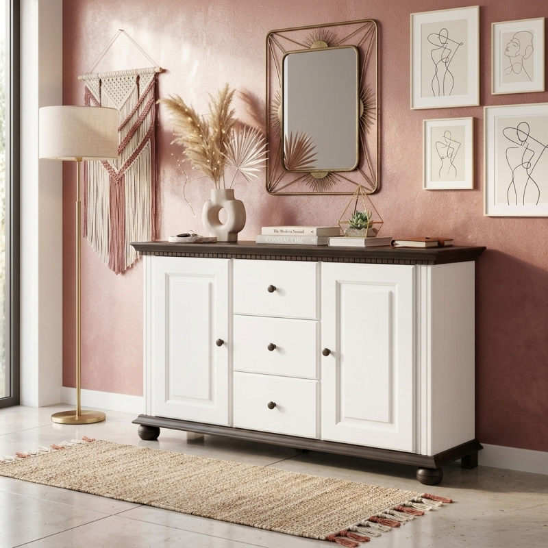 Comodă Bucov din lemn masiv cu 3 sertare și 2 uși