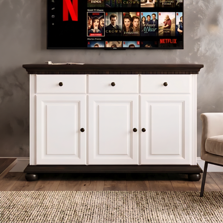 Comodă Bucov din lemn masiv alb cu nuc – 3 uși și 3 sertare