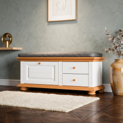 Banca pantofi VERO din lemn masiv, finisaj alb cu natur