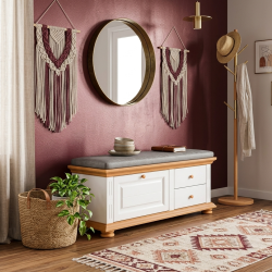 Banca pantofi VERO din lemn masiv, finisaj alb cu natur