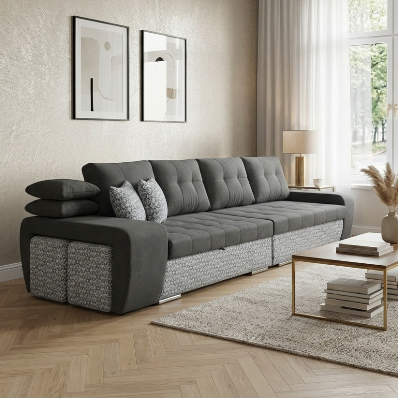 Canapea 4 Locuri Mara Extensibilă Modulară cu 2 Tabureți și Ladă - La Comandă