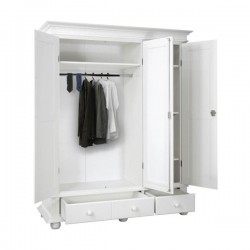 Dulap lemn masiv Seva, 3 usi, 2 sertare, alb cu natur