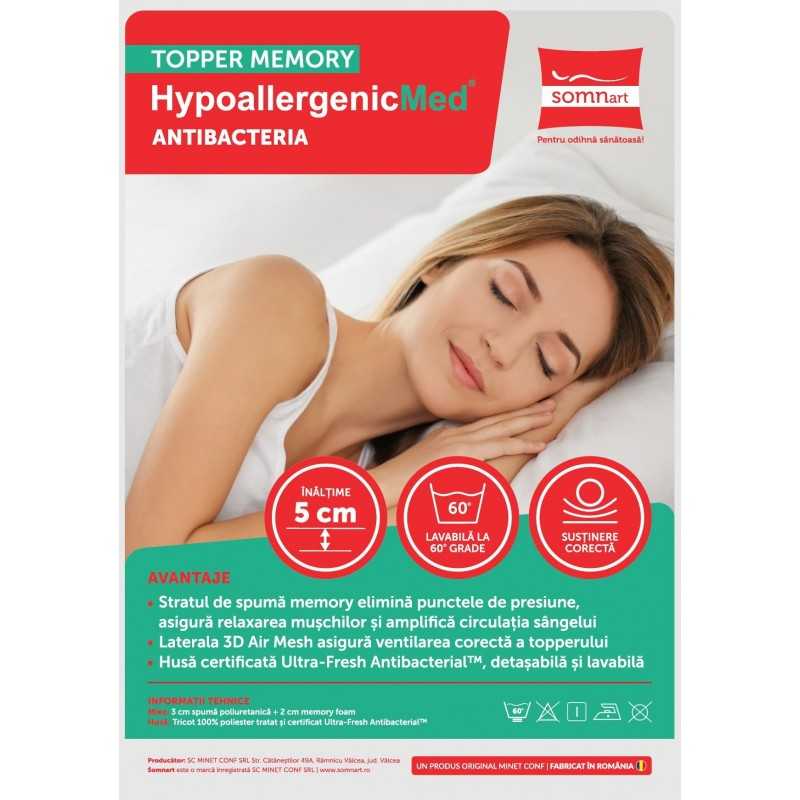 Topper cu memorie 140x200, HypoallergenicMed Antibacteria, H 3+2cm, husa detasabila, lavabila si  certificata Ultra-Fres