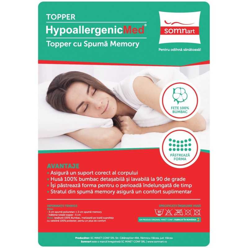 Topper cu memorie, husa bumbac, detasabila, spalare la 90°C, HypoallergenicMed Somnart, 120x190 cm