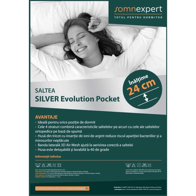 Saltea cu memorie și arcuri individuale Somnexpert Silver Evolution Pocket Spring 100x200, înălțime 24 cm, husă detașabilă, ferm