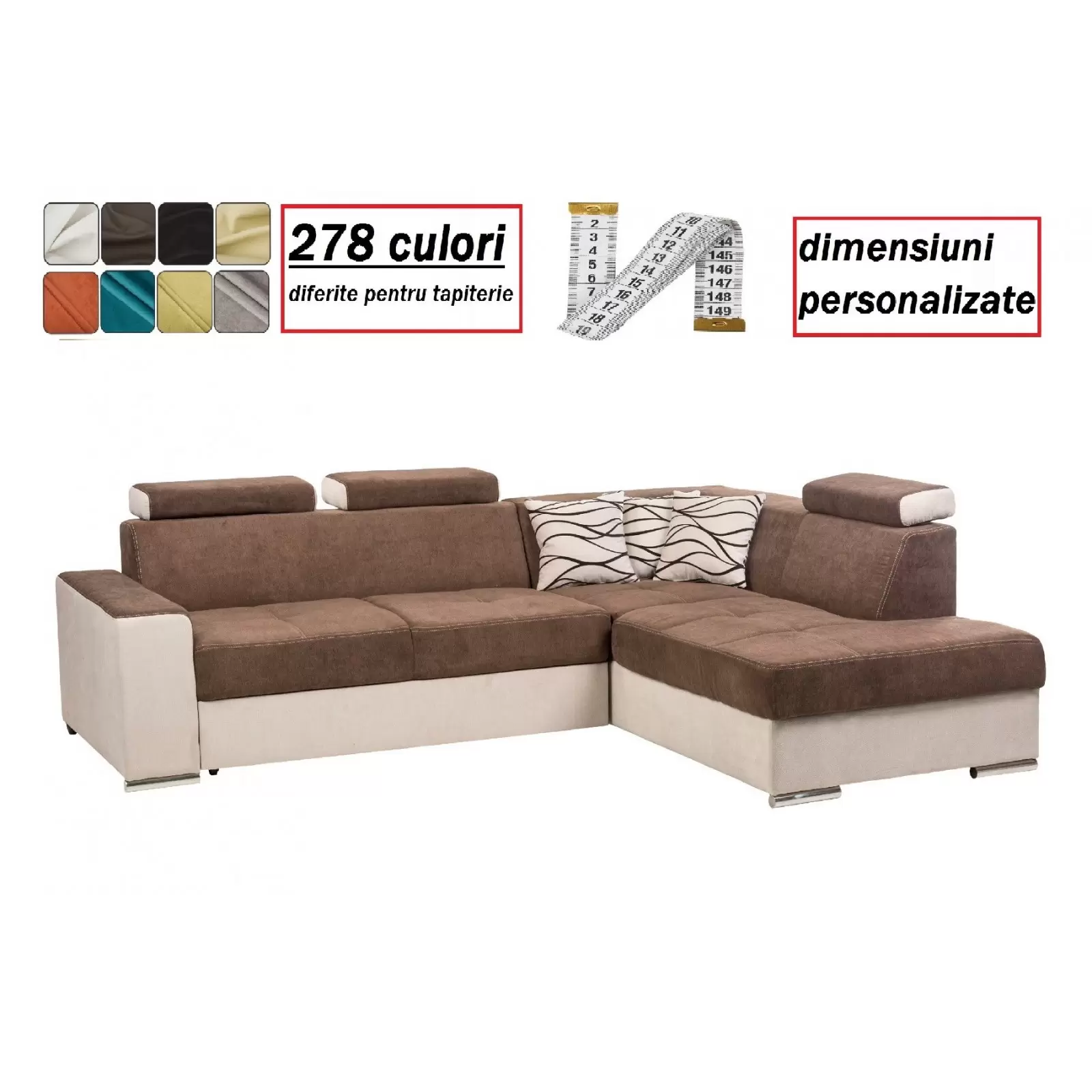 coltar de living, extensibil cu lada, cu tetiere reglabile, la comanda pe culori si dimensiuni, Leone