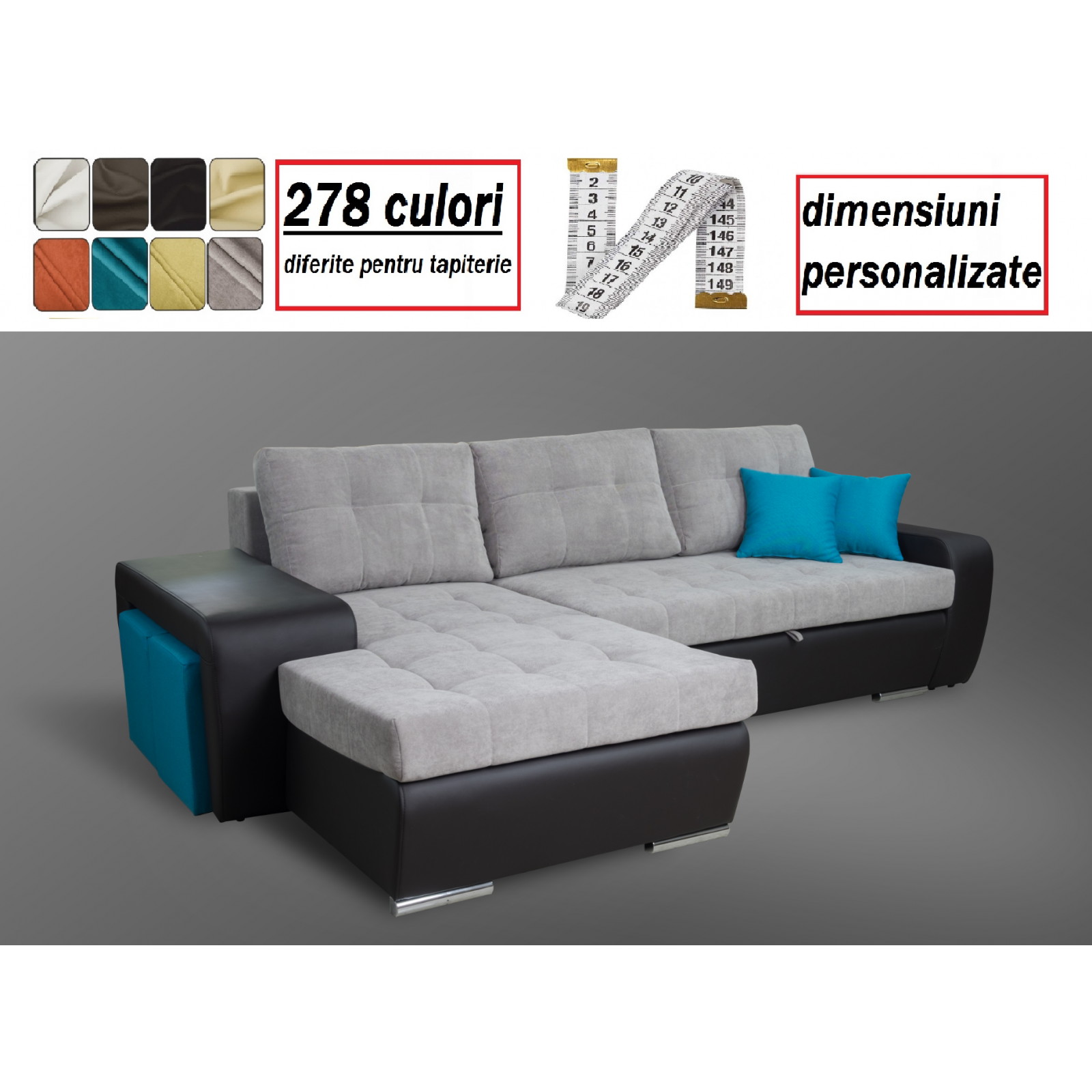 coltar cu tabureti, extensibil cu lada,model modern pentru living,la comanda , Mara