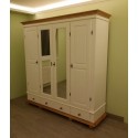 Dulap dormitor Seva, din lemn masiv, cu 4 usi si 3 sertare, oglinda, alb cu natur