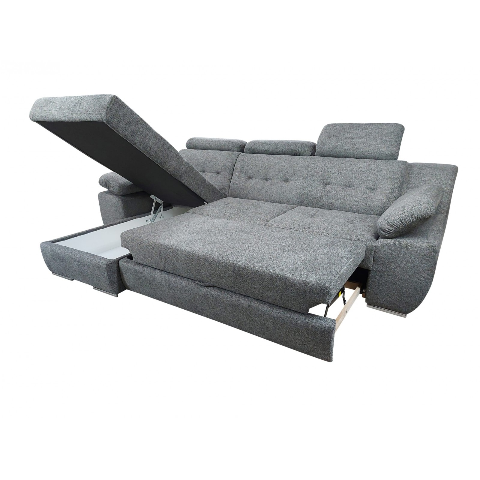 coltar sufragerie, extensibil cu lada,tetiere si brate reglabile, modern,robust, Lord, stofa, gri, la comanda