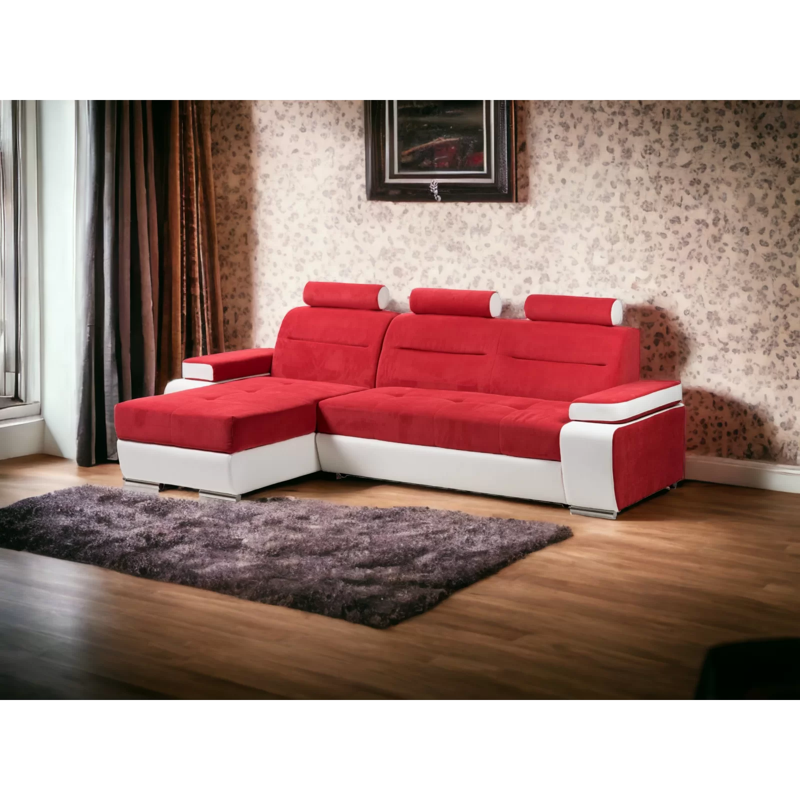 Coltar extensibil living, modern,tetiere cap, lada depozitare, Melisa, stofa, rosu, dimensiuni la comanda