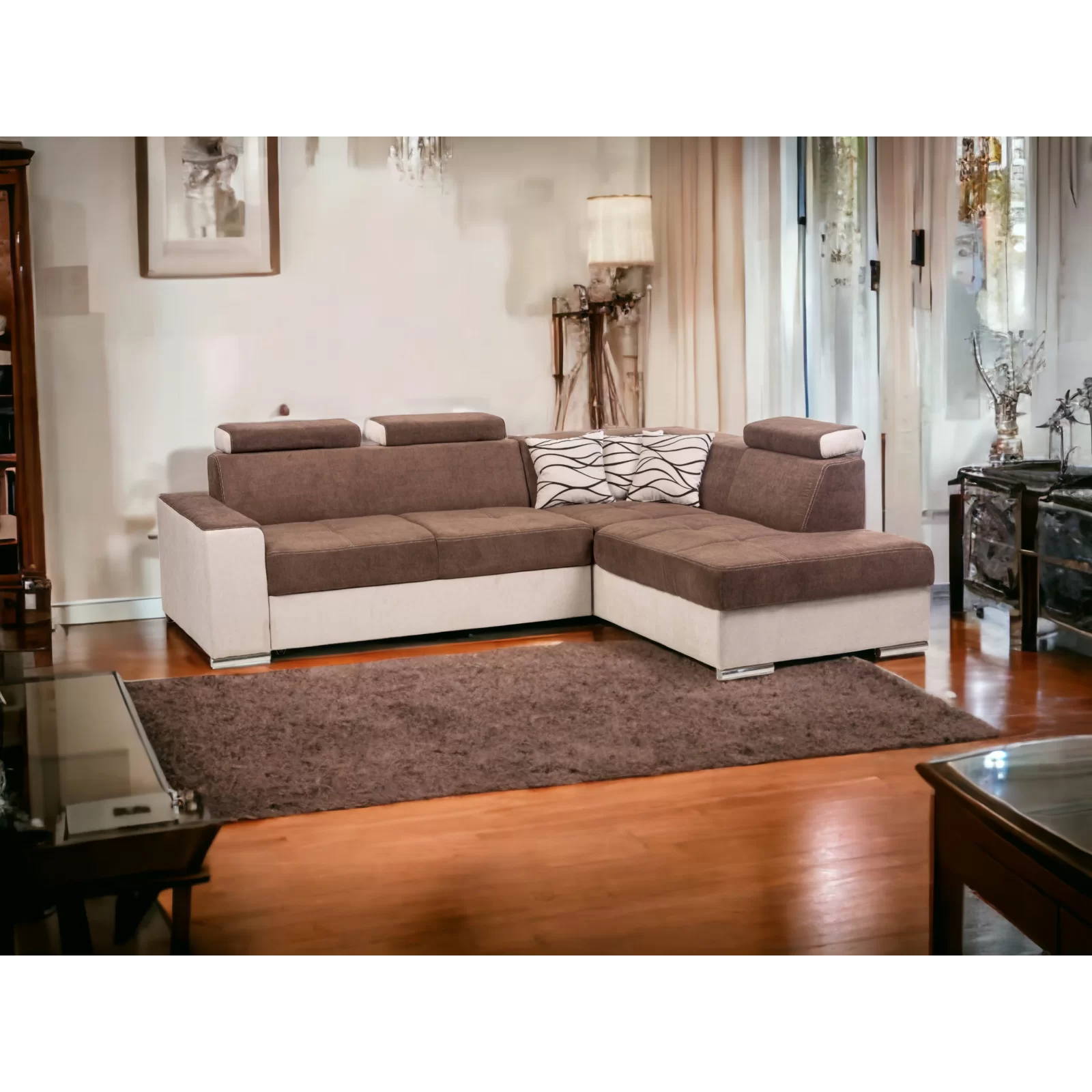 coltar de living, extensibil cu lada, cu tetiere reglabile, la comanda pe culori si dimensiuni, Leone