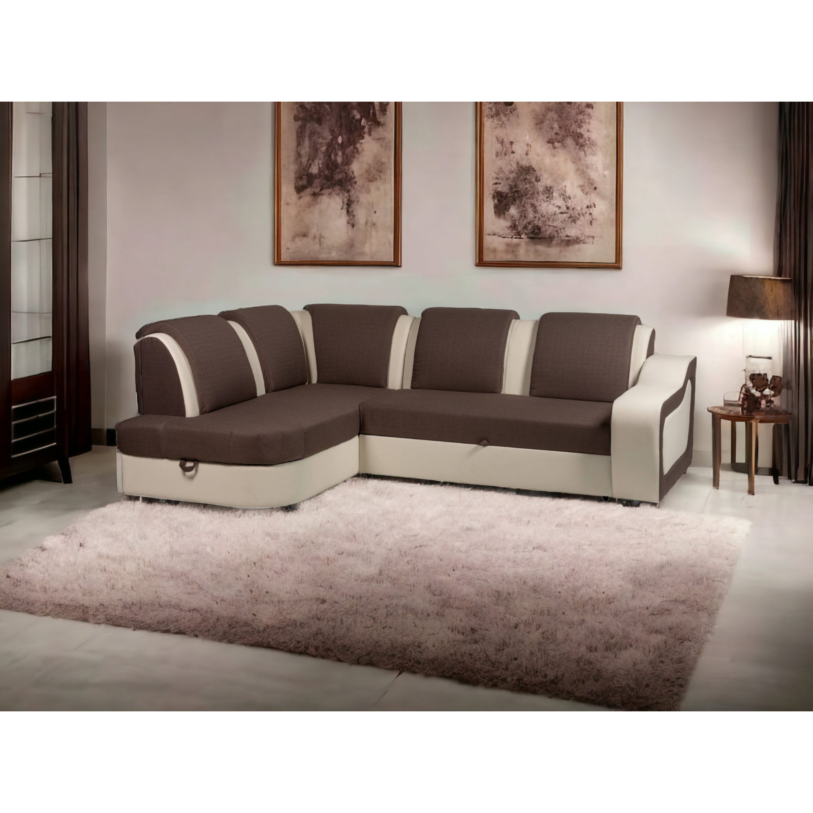 coltar living extensibil cu lada, in forma de L, Cayen, stofa, maro