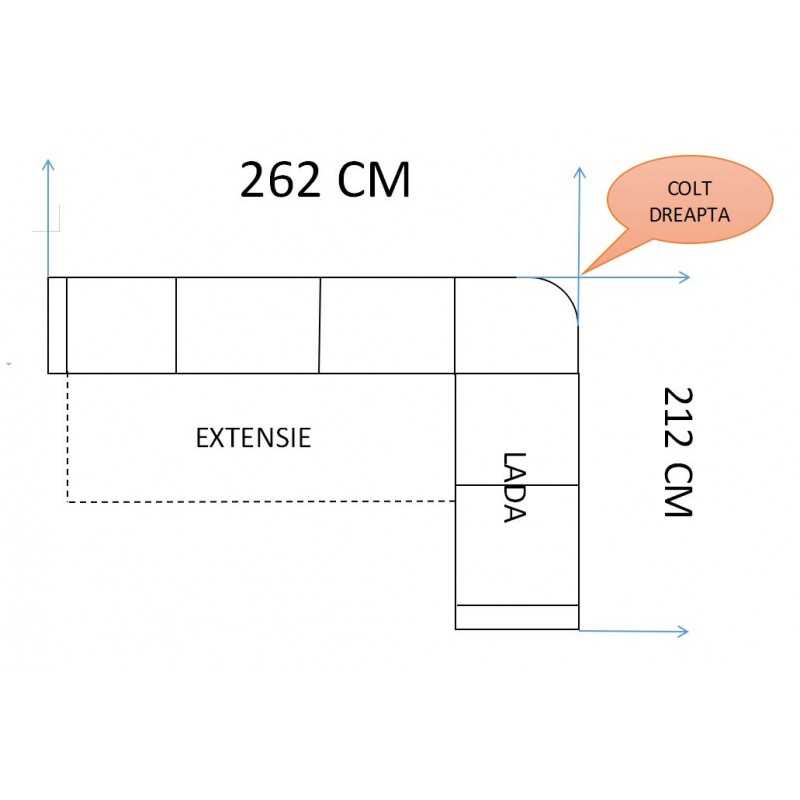 coltar clasic Sonia, extensibil cu lada, la comanda pe culori si dimensiuni personalizate