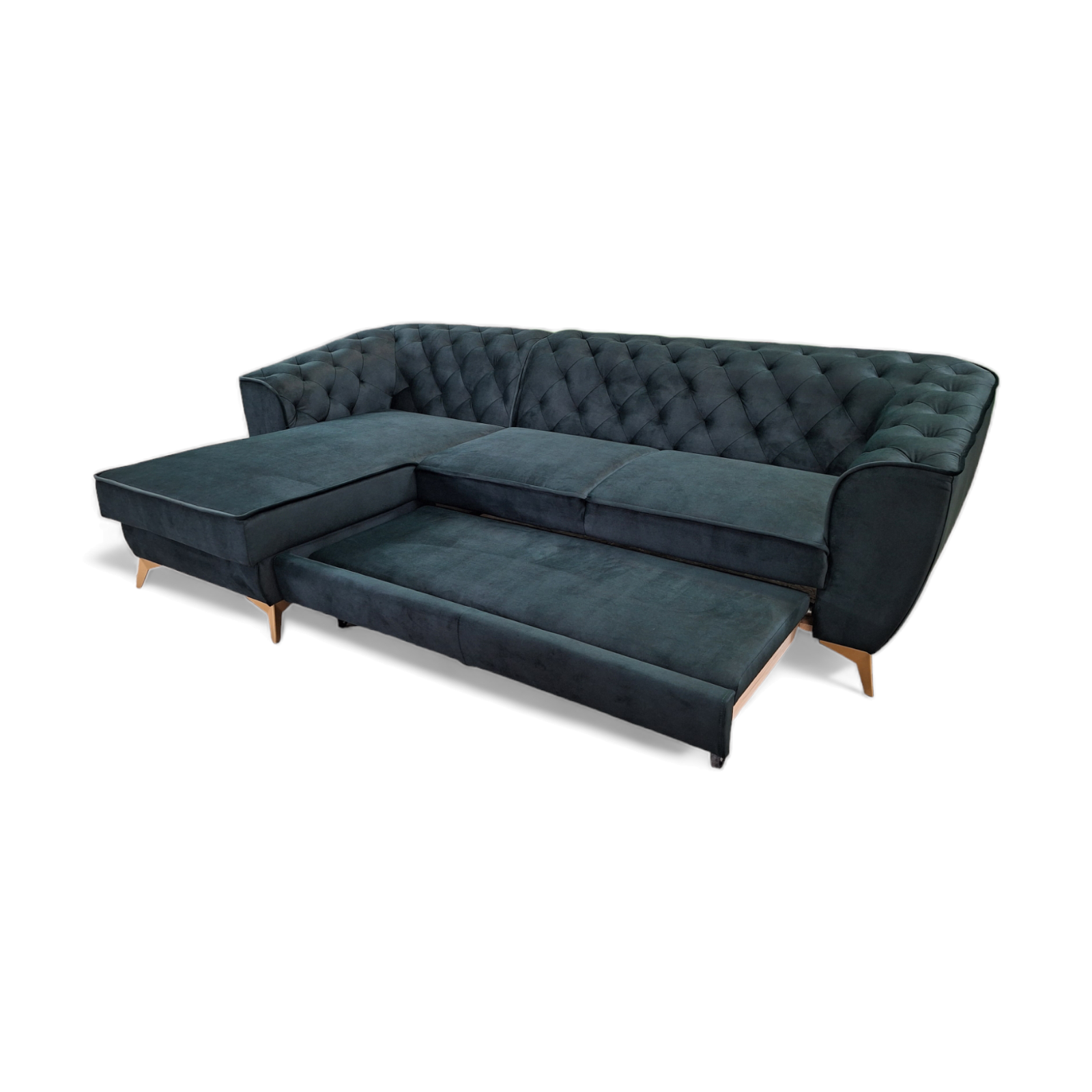 coltar tip chesterfild, extensibil cu lada, pentru living, cu picioare inalte, Luis 1, albastru