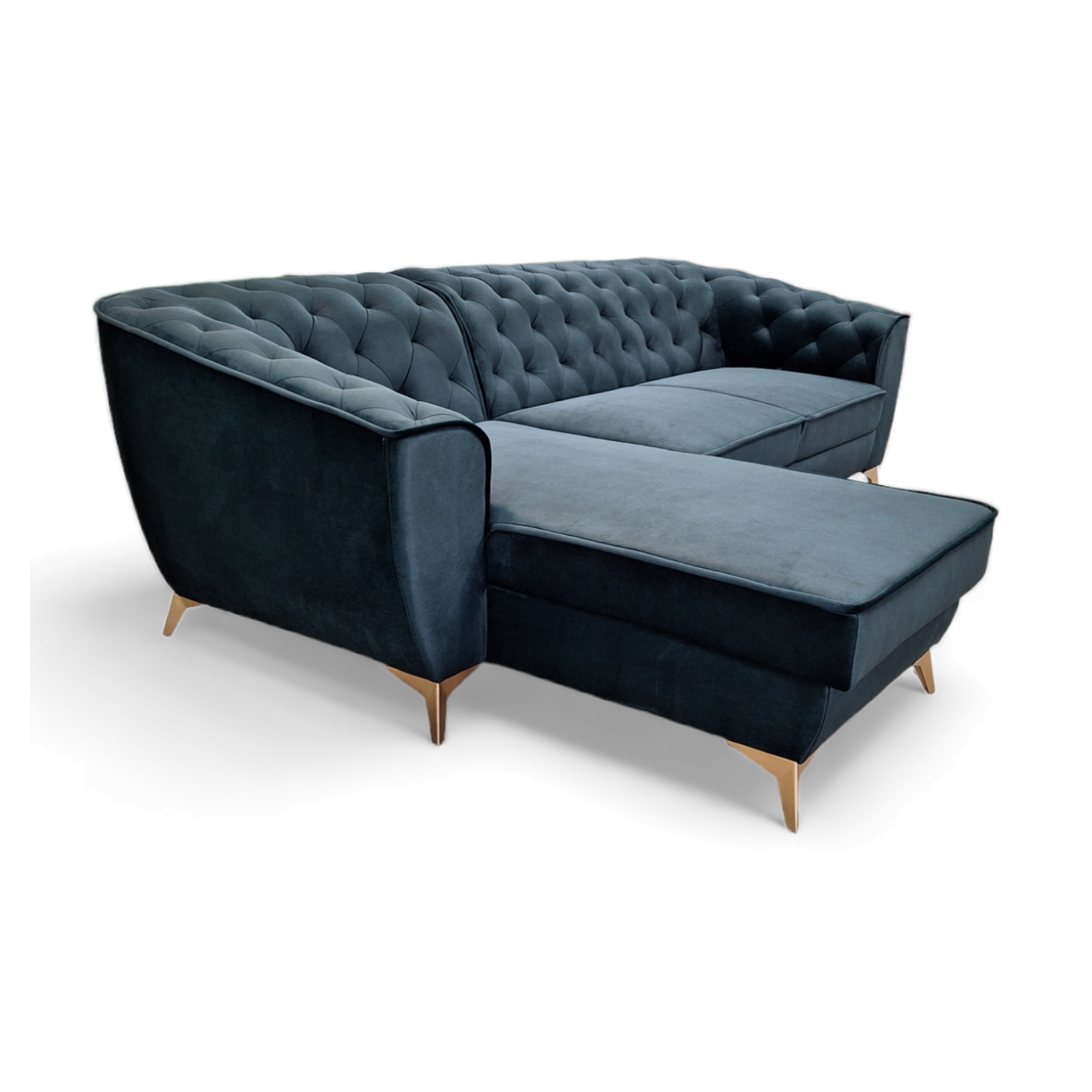 coltar tip chesterfild, extensibil cu lada, pentru living, cu picioare inalte, Luis 1, albastru