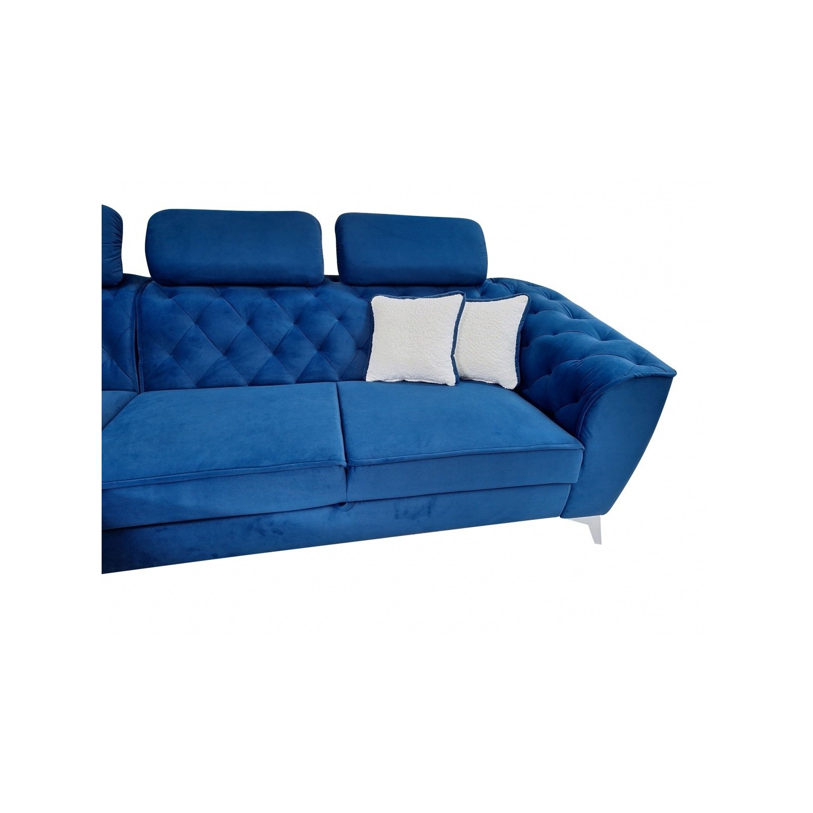 coltar modern de lux, extensibil cu lada, tip chesterfild, King Luise, albastru, stofa