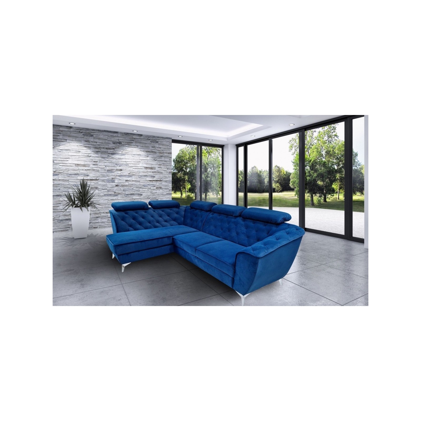coltar modern de lux, extensibil cu lada, tip chesterfild, King Luise, albastru, stofa