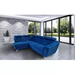 coltar modern de lux, extensibil cu lada, tip chesterfild, King Luise, albastru, stofa
