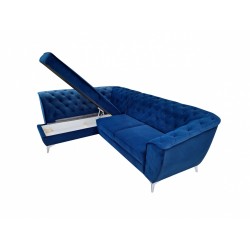 coltar modern de lux, extensibil cu lada, tip chesterfild, King Luise, albastru, stofa