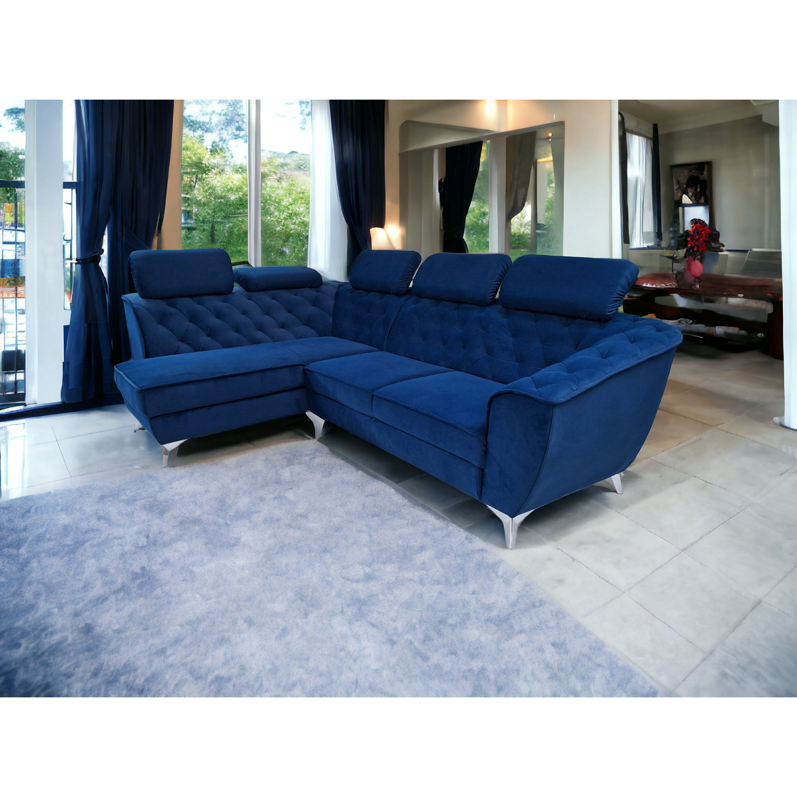 coltar modern de lux, extensibil cu lada, tip chesterfild, King Luise, albastru, stofa