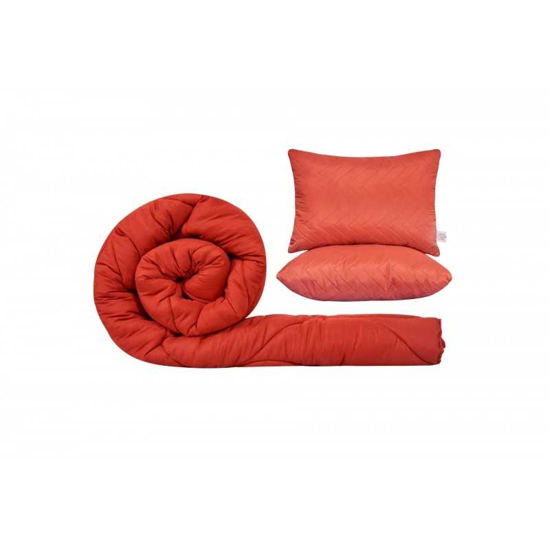 Pachet 1 Set SomnART gama Coral, Pilota 200x220 cm si 2 perne 50x70 cm + Cuvertura Microfibra, 210x240, Rosu