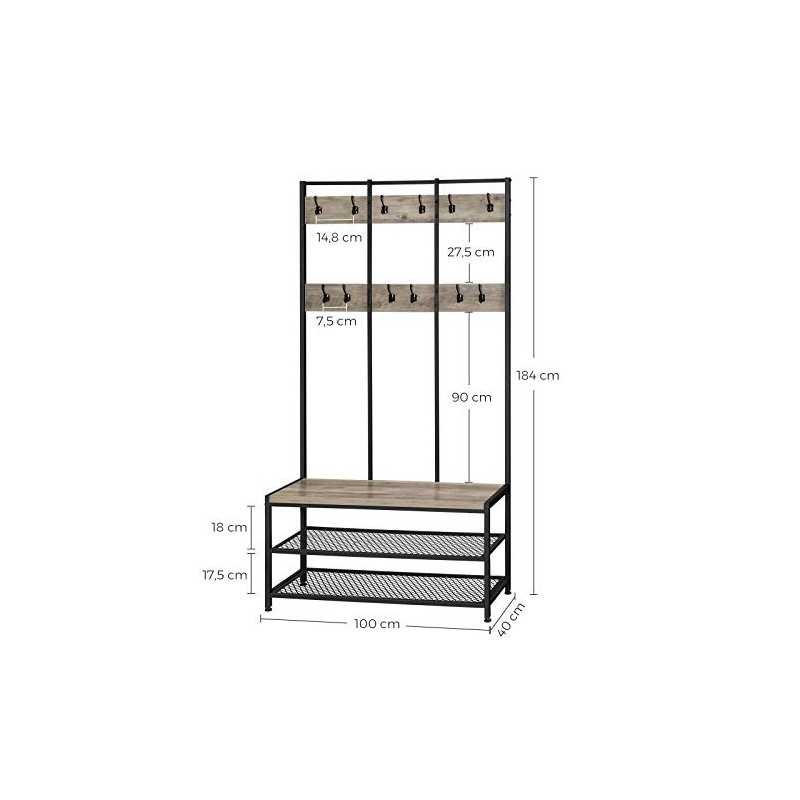 Suport pentru haine mare, copac pentru haine cu 12 cârlige și bancă pentru pantofi în design industrial, copac pentru hol, raft multifuncțional pentru hol, birou, dormitor, greige și negru HSR086B02