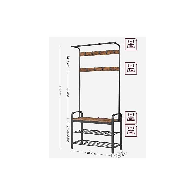 Rack de haine, suport de haine cu bancă de încălțăminte, design 4-în-1, cu 9 cârliguri detașabile, o șină de îmbrăcăminte, pentru hol, intrare, 33,7 x 84 x 183 cm, industrial, rustic maro și negru HSR400B01