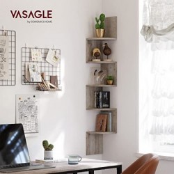 VASAGLE Corner Shelf, 5-tier Floating Wall Shelf With Zigzag Design, Bookshelf, Greige LBC020M01