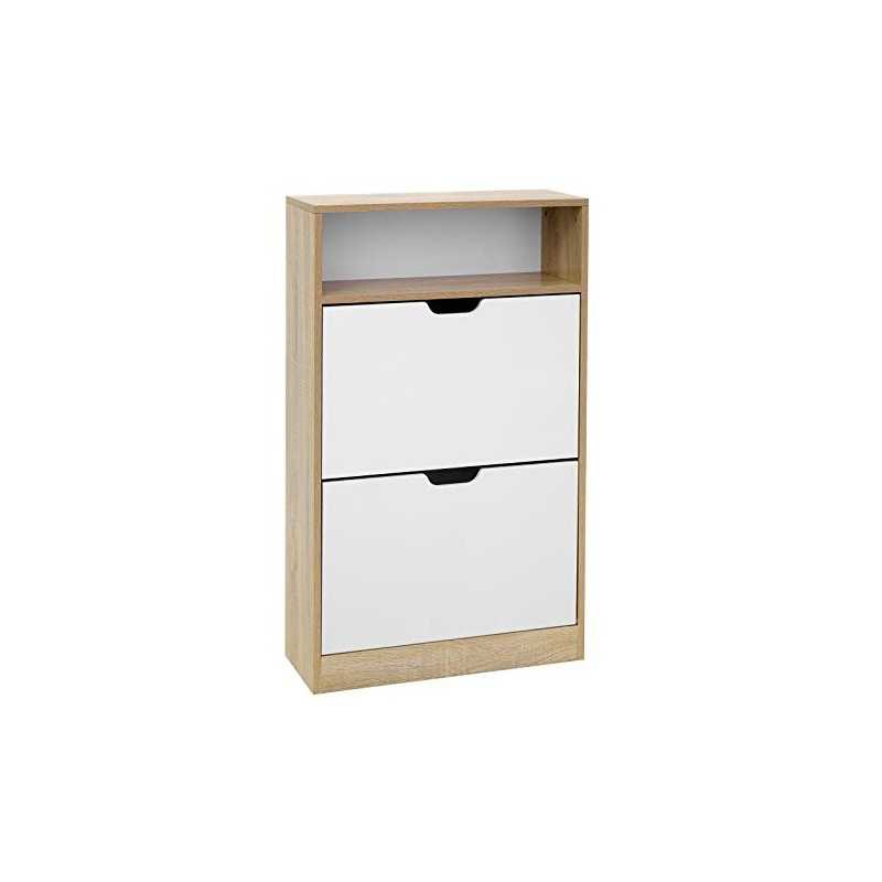 Cabinet de pantofi cu 2 clapete, raft de pantofi cu raft deschis, folie de melamină, ușor de curățat, 60 x 24 x 102 cm, alb și natural LBC04NW